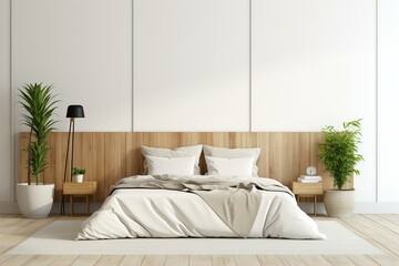 Modern white bedroom with wooden panel, plants, and parquet flooring. Ideal for country house interior. Front view. Generative AI