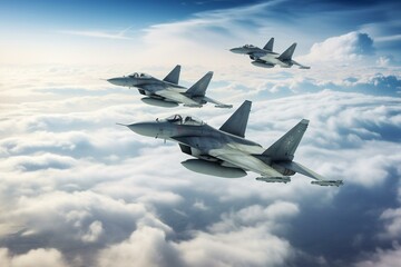 Three fighter jets in formation fly over clouds. Generative AI