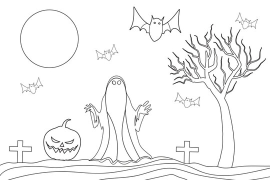Hand drawn Outline Hunted tree ghost Costume funny pumpkins fly bat Halloween theme landscape coloring page, kid drawing for nursery funny Halloween coloring sheets, isolated humor backgrounds
