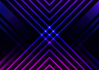 Technology square triangle digital neon light line laser purple dark presentation background