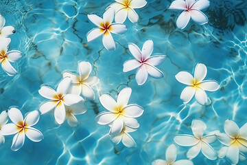 Fototapeta premium beautiful plumeria flowers floating in the swimming pool top view