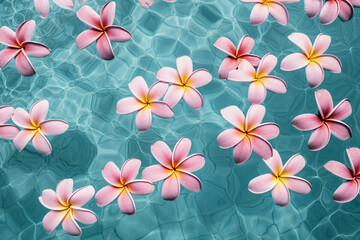 beautiful plumeria flowers floating in the swimming pool top view