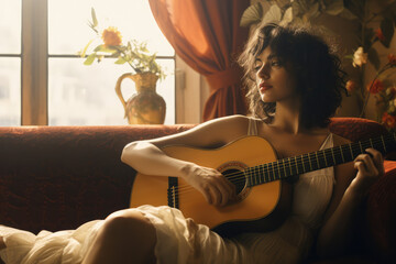 A woman playing a guitar, nature background