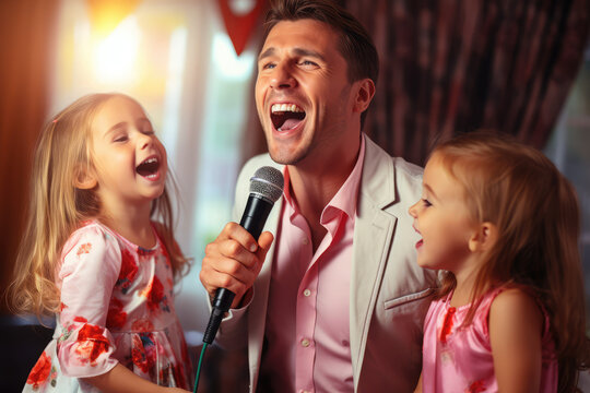 a family singing in karaoke at home