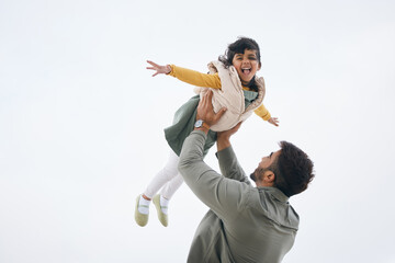 Airplane, sky background mockup or child playing with father to relax or bond with love or care,...