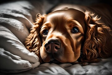 english cocker spaniel puppy resting on the bed - obrazy, fototapety, plakaty