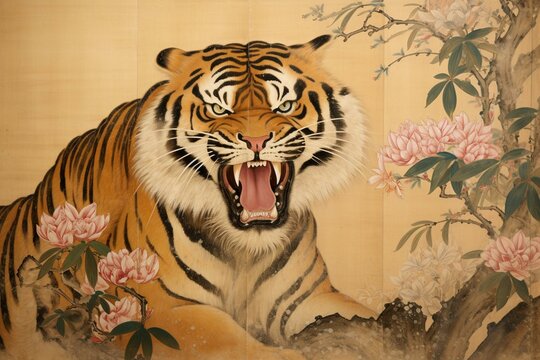 Japanese-style painting of an Asian tiger wallpaper. Generative AI