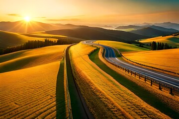 Aerial view of road, hills, green meadows and colorful trees at sunset in autumn. Top view of mountain rural road, golden sky. Beautiful landscape with roadway
