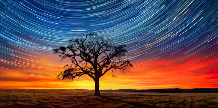 Beautiful landscape mountains in the starry night with Milky Way and startails background