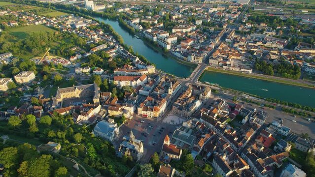 Aerial of the old town around the city Chateau-Thierry in France