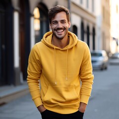 Fototapeta premium Illustration of a fashion portrait with plain hoodie mockup, AI Generated