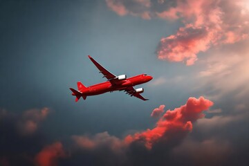 red colored airplane flying over the clouds - Powered by Adobe