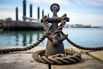 Antique mooring anchor and knot on pier, maritime emblem. Generative AI - obrazy, fototapety, plakaty