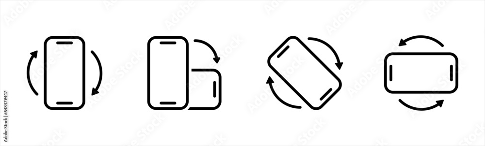 Poster rotate mobile phone icon set in line style. device rotation with arrow simple black style symbol sig