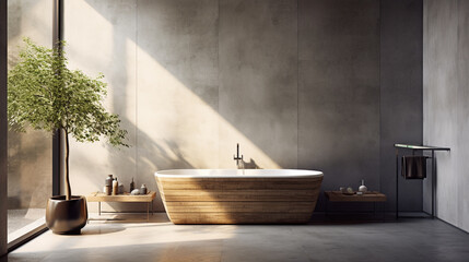 Bright minimal bathroom interior with white marble basin and double mirrors, bathtub, plant, concrete floor