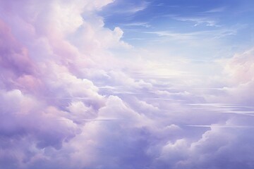 Fototapeta na wymiar An ethereal artwork depicting a serene and dreamy lavender-blue sky adorned with fluffy white clouds. Generative AI