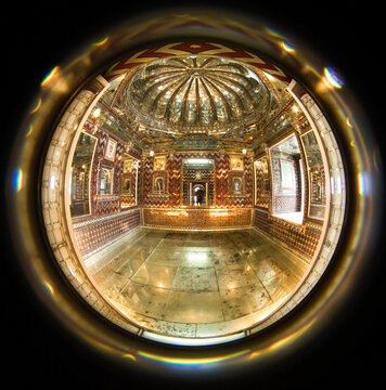 Beautifully intricate hand carved glass design of ancient haweli facade of Kings Palace in India