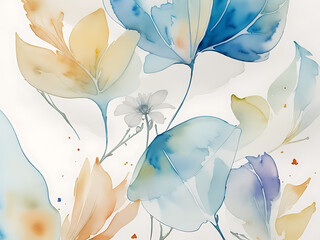an abstract watercolor texture inspired by the beauty of nature, incorporating organic forms, such as leaves and petals, rendered with delicate and translucent watercolor washes.