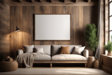 modern living room with blank white frame on wall