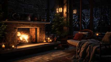 Obraz na płótnie Canvas Cozy Fireplace Glow with Burning Candle in a Dark Night