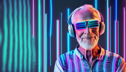 White old man with futuristic headphones listening to music, synthwave style - 648481601