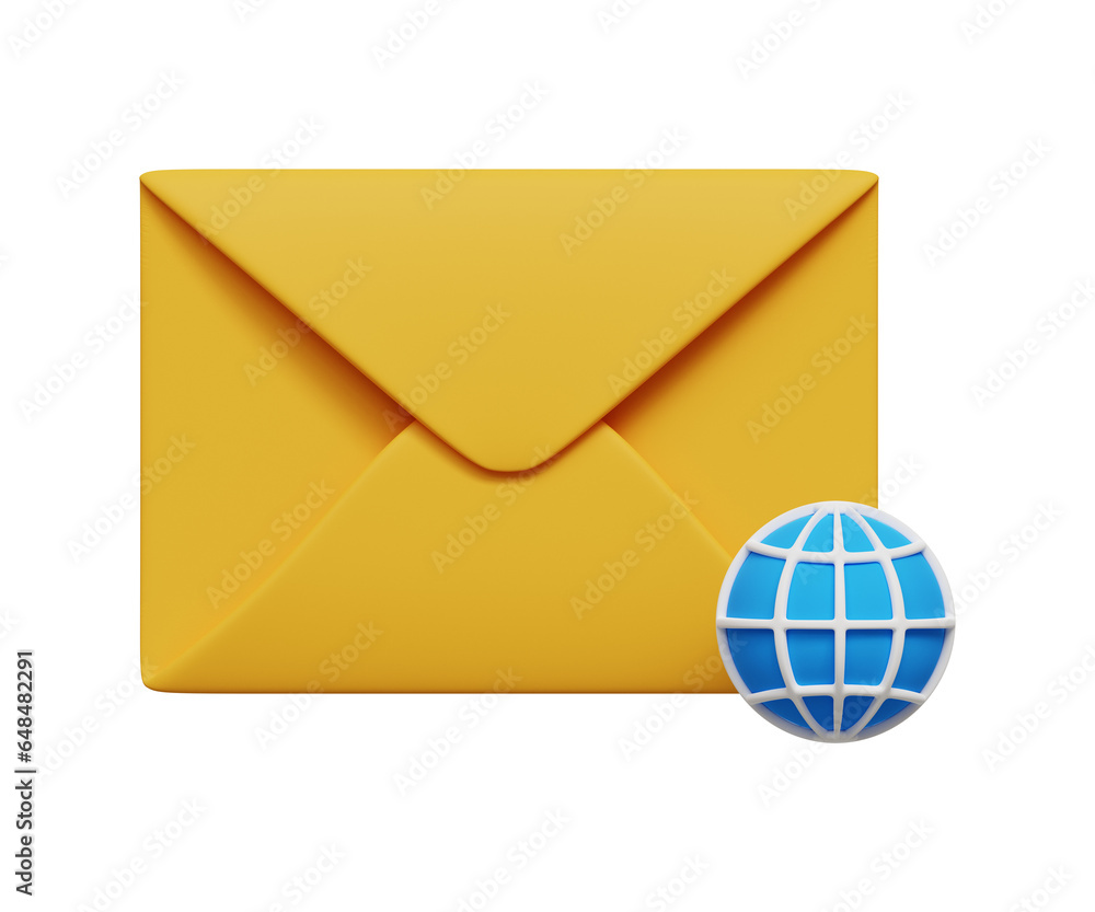 Poster 3d mail service icon. mail communication. global letters concept. envelope with globe icon. 3d illus