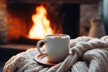 Mug of coffee by the fireplace, cozy autumn evening.