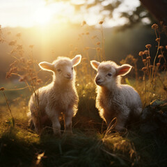 side view image, two newborn lambs standing on a field
