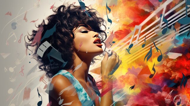 Singer paper collage with musical notes background, AI generated Image