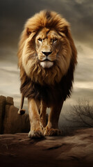 Fototapeta premium Epic portrait of a male lion. Wild life.
