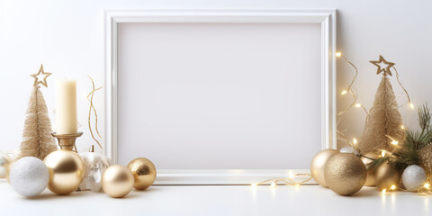 Interior Christmas decoration with white frame in center with copy space