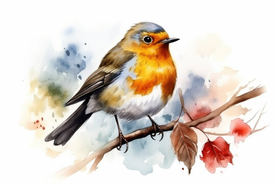 Watercolor painting of a robin bird in autumn between autumn leaves