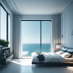 Experience the ultimate relaxation in a minimalist bedroom, adorned with plush pillows and a breathtaking view of the sun-kissed sea