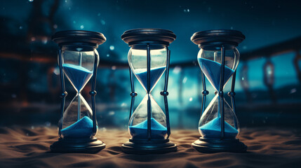 Three hourglasses with blue sand showing the passage - obrazy, fototapety, plakaty