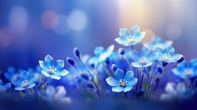 Field of blue spring flowers , soft background