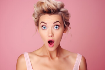 Beautiful stylish young woman with surprised face expression on pink trendy background.