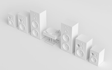 Set of Hi-fi speakers and DJ turntable for sound recording studio on monochrome