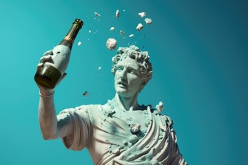 A statue of the man holding a champagne, Cheers!, A marble statue of a Greek man cheers, Generative ai
