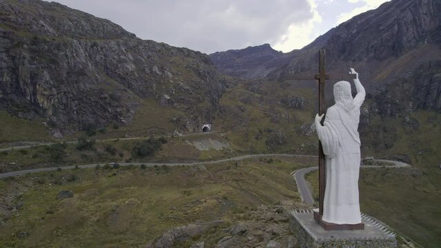 Aerial view of the White Christ in Chavin, Ancash. Peru