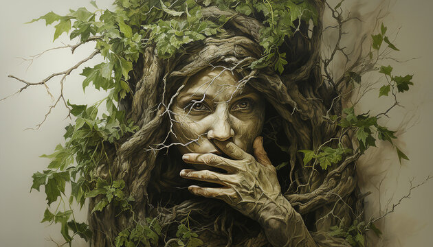 person developed as plant in forest. Fantasy embracing nature.Environmental technology concept. Sustainable development goals. SDGs.