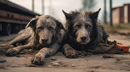 Two homeless dogs lay on a street pavement