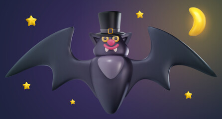Vector cartoon funny black bat with hat in realistic minimal 3d style. Cute creative character. Festive design element or soft child toy. Modern bright illustration.