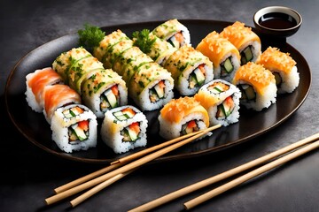 sushi with chopsticks in circular dish