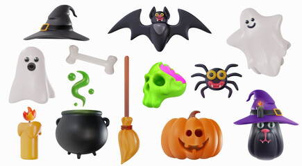 Happy halloween festive elements in realistic cartoon style. Bat, spider, cat, ghost, witch pot, skull, candle, broom, bone. Funny characters. Collection bright decoration. Set 3d vector illustration.