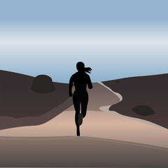 Vector silhouette of running girl with landscape view of dried desert in Arizona. Dried rock mountain,sand hill,cactus, and sunrise sky in summer hot day. For wallpaper, background,backdrop, banner