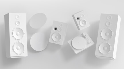 Set of Hi-fi speakers and DJ turntable for sound recording studio on monochrome