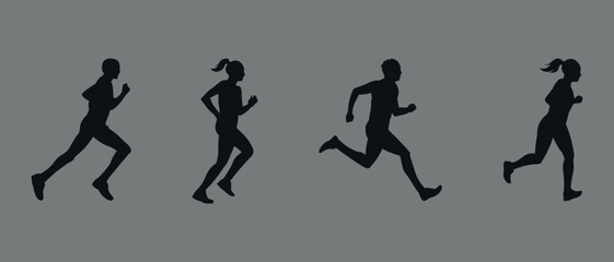 Silhouettes of running people. 4 pcs. Vector on gray background.