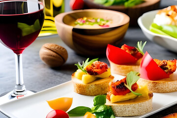 Assorted canapes with cheese, tomatoes and olives on white plate. Generative AI