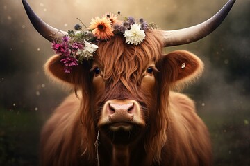 Brown highland cow adorned with flowers on its head. Generative AI