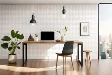 Cropped shot of modern workspace with  laptop, frame, pencils, coffee cup and vase on table with white wall background